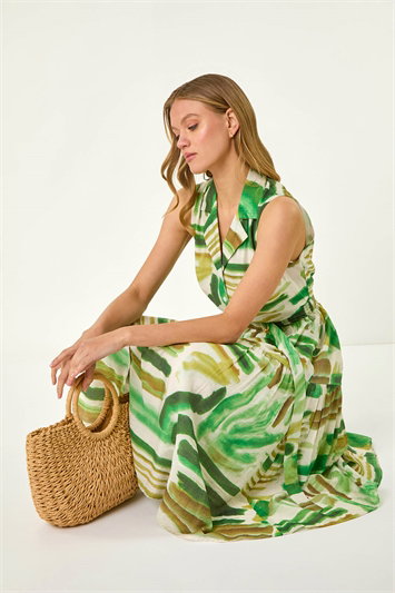 Green Abstract Print Button Shirt Dress