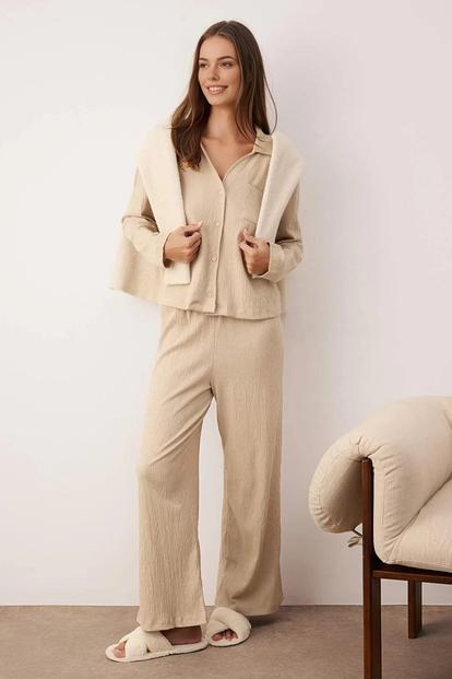 White Crinkle Textured Revere Collar Long Sleeve Knit Wide Leg Pyjama Set