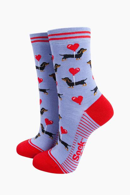 Blue Sausage Dogs Love Heart Balloons Bamboo Socks