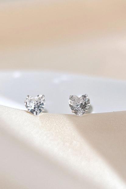 Metallic Sterling Silver Cz Crystal Heart Studs
