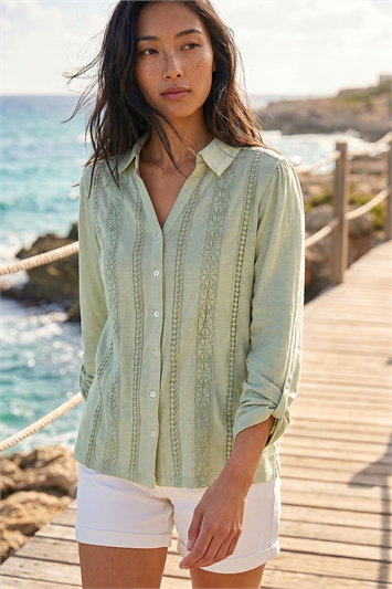 Green Petite Cotton Lace Trim Blouse