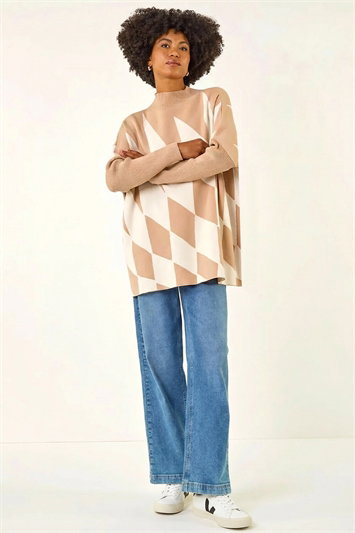 Cream Geometric Plaid Knit Poncho