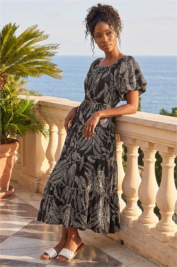 Black Dotted Leaf Print Midi Dress
