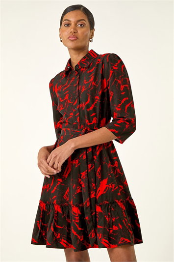 Red Abstract Print Tie Waist Shirt Dress