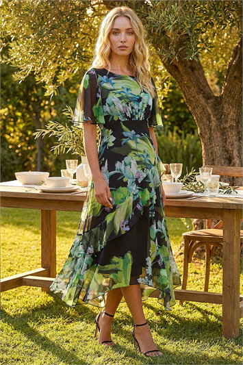 Green Botanical Floral Frill Dress