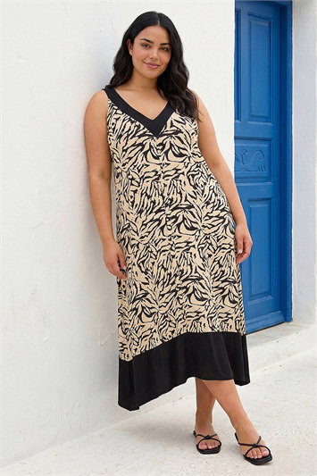 Black Curve Animal Print V-Neck Midi Dress