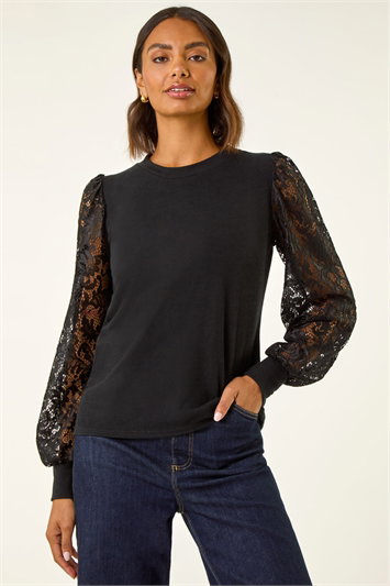Black Lace Sleeve Detail Stretch Top