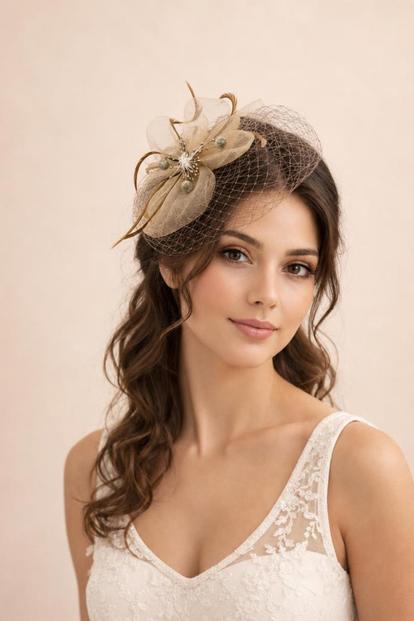 Purple Feather Bloom Mesh Fascinator In Gold