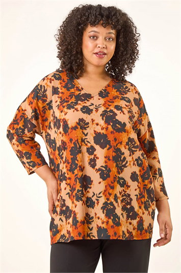 Red Curve Watercolour V-Neck Stretch Top