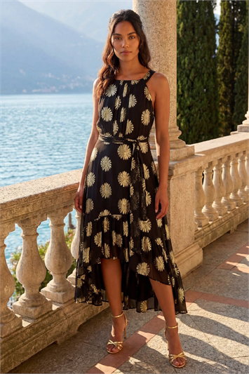 Black Floral Shimmer Halter Neck Dress