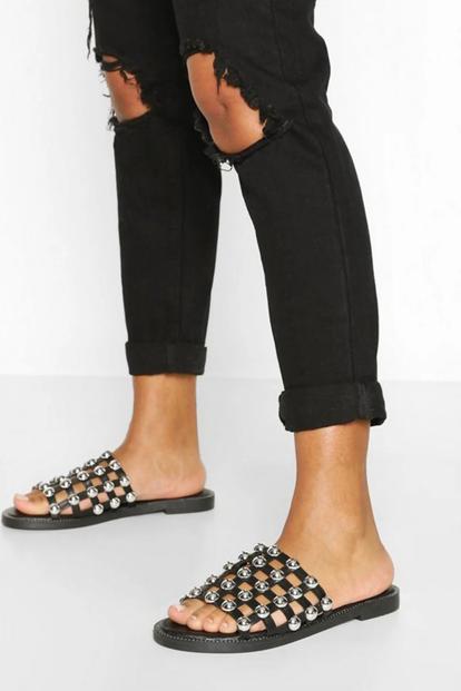 Black Studded Caged Sliders - Sinead
