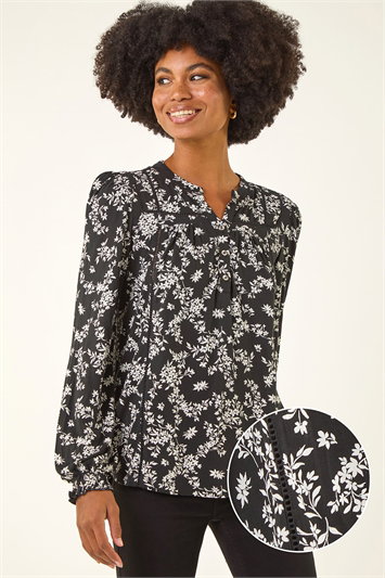 Black Floral Print Long Sleeve Top