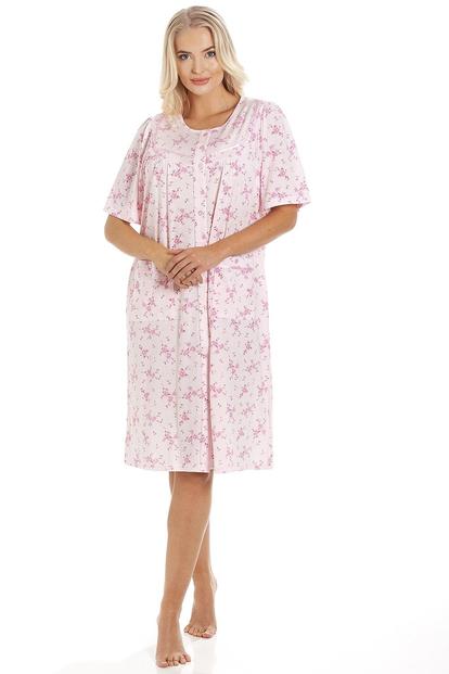Pink Short Sleeve Button Up Floral Nightdress