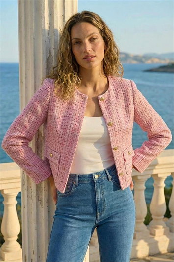 Pink Collarless Sequin Boucle Jacket