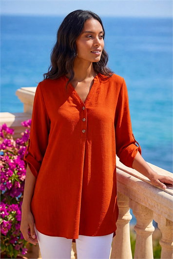 Red Longline Notch Neck Buttoned Top
