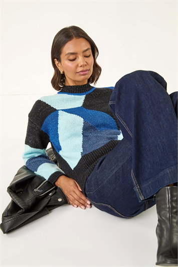 Blue Metallic Colour Block Knit Jumper