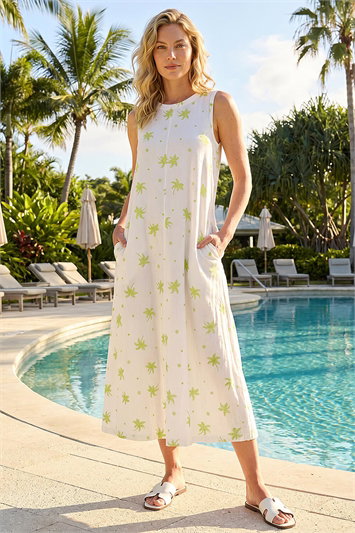 Green Cotton Palm Print Pocket Midi Dress