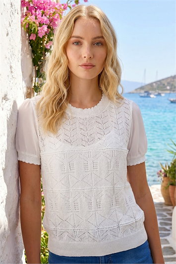White Pointelle Knit Tee