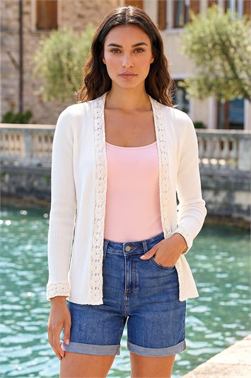 White Crochet Trim Knit Cardigan