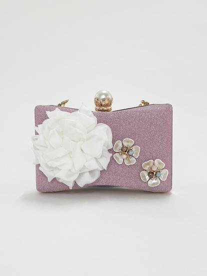 Pink Square Clutch Bag With 3D Florals