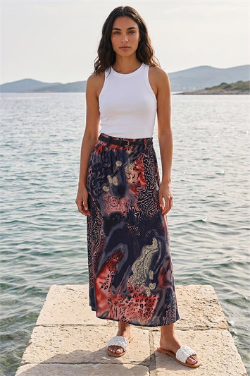 Paisley Print Belted A-Line Skirt 17079960