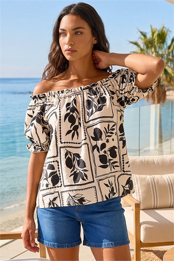 Black Mono Print Bardot Top