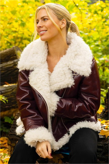 Contrast Faux Leather Aviator Coat 12038715