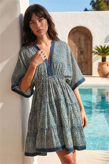 Blue Geometric Contrast Tiered Dress