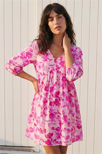 Pink Floral Print Smock Dress