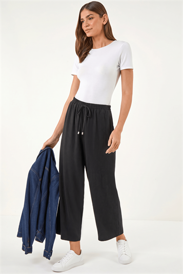 Black Cropped Linen Blend Trouser