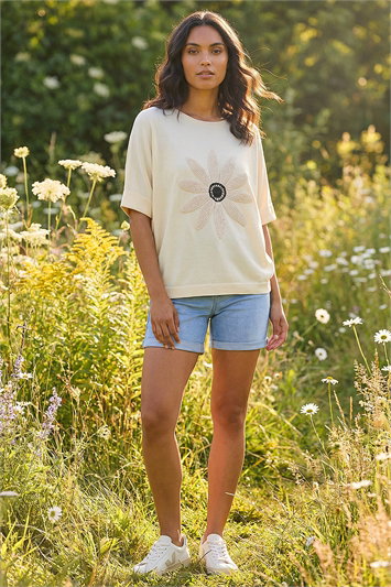 Cream Crochet Flower Knit Top