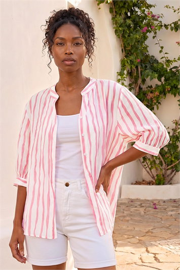 Pink Stripe Print V-Neck Blouse