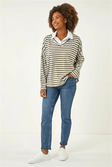 Green Stripe Mock Shirt Top