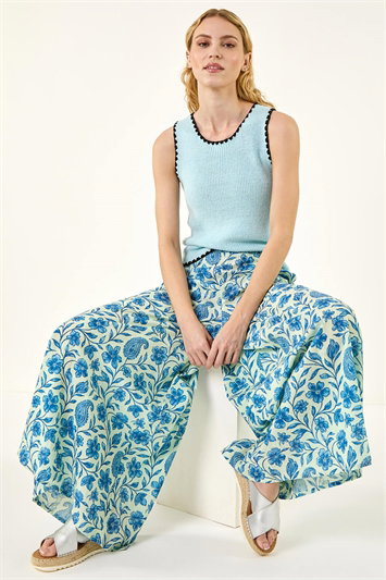 Blue Floral Print Textured Palazzo Trouser