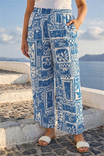 Blue Curve Postcard Print Wide Leg Trouser