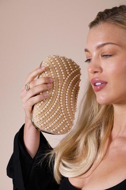 Metallic Oval Pearl Clutch Bag In Gold