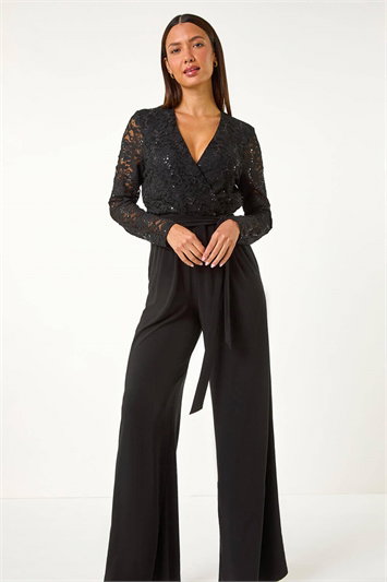Sequin Lace V-Neck Stretch Jumpsuit 14579408