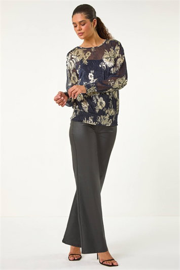 Foil Floral Print Plisse Shirred Top 19342233