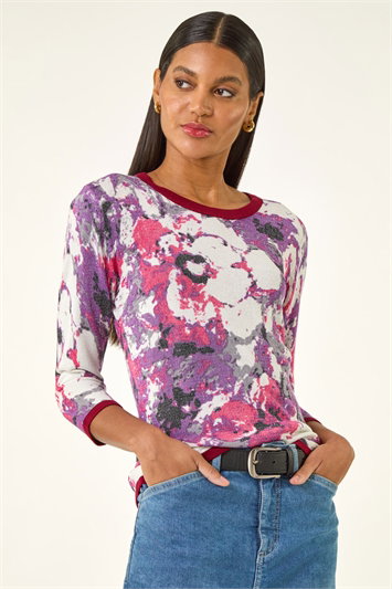 Pink Floral Metallic Knit Top