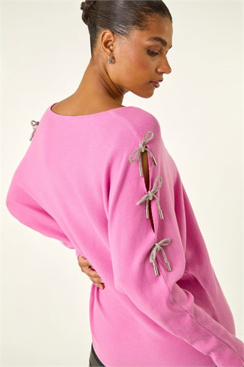 Pink Bow Sleeve V-Neck Knit Jumper