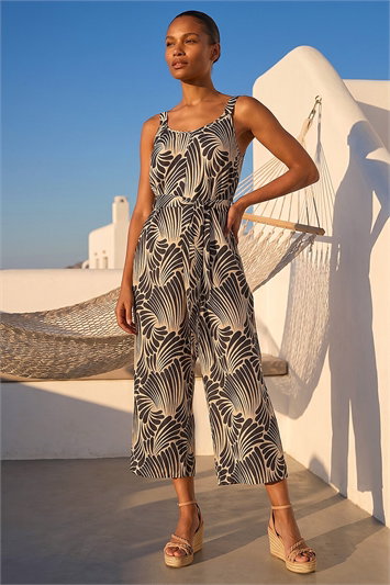 Black Abstract Strappy Jumpsuit