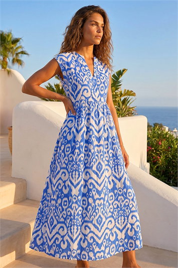 Blue Aztec Print Midi Smock Dress