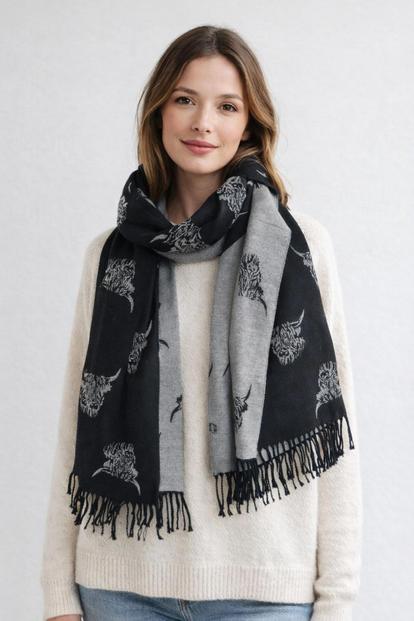 Black Highland Cow Reversible Scarf