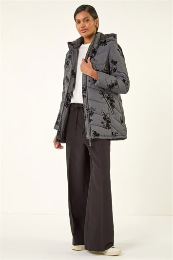 Grey Floral Flock Padded Coat