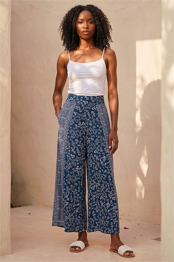 Blue Floral Print Wide Leg Culottes