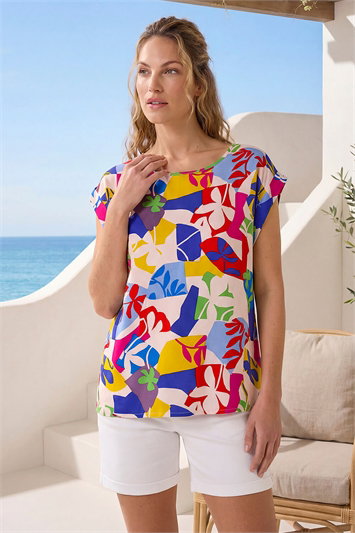 Blue Abstract Print Shell Top