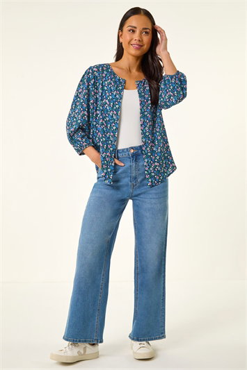 Petite Ditsy Floral Button Up Blouse 10218609