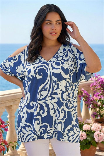 Curve Floral Print V-Neck Cold Shoulder Top 19293060