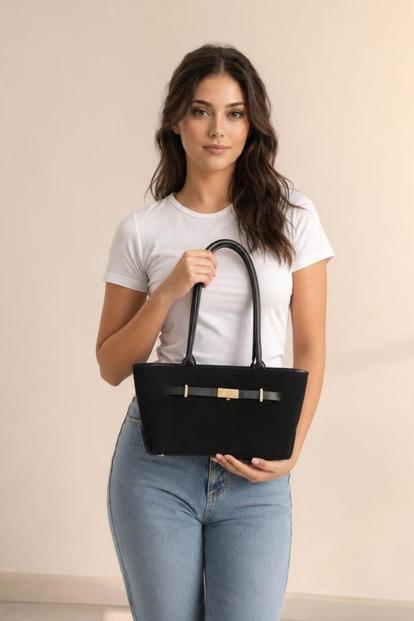 Black Faux Suede Top-Handle Shoulder Bag - Black