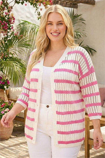 Pink Curve Stripe Crochet Knit Cardigan